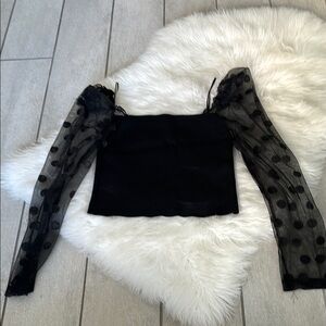 Zara Black Fitted Crop Blouse with Sheer Sleeves